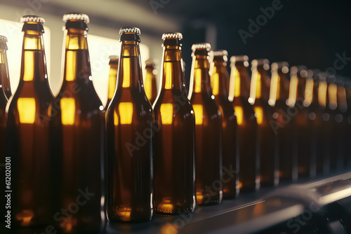 Concept brewery plant production line  Glass bottles of beer on dark background with sun light. AI