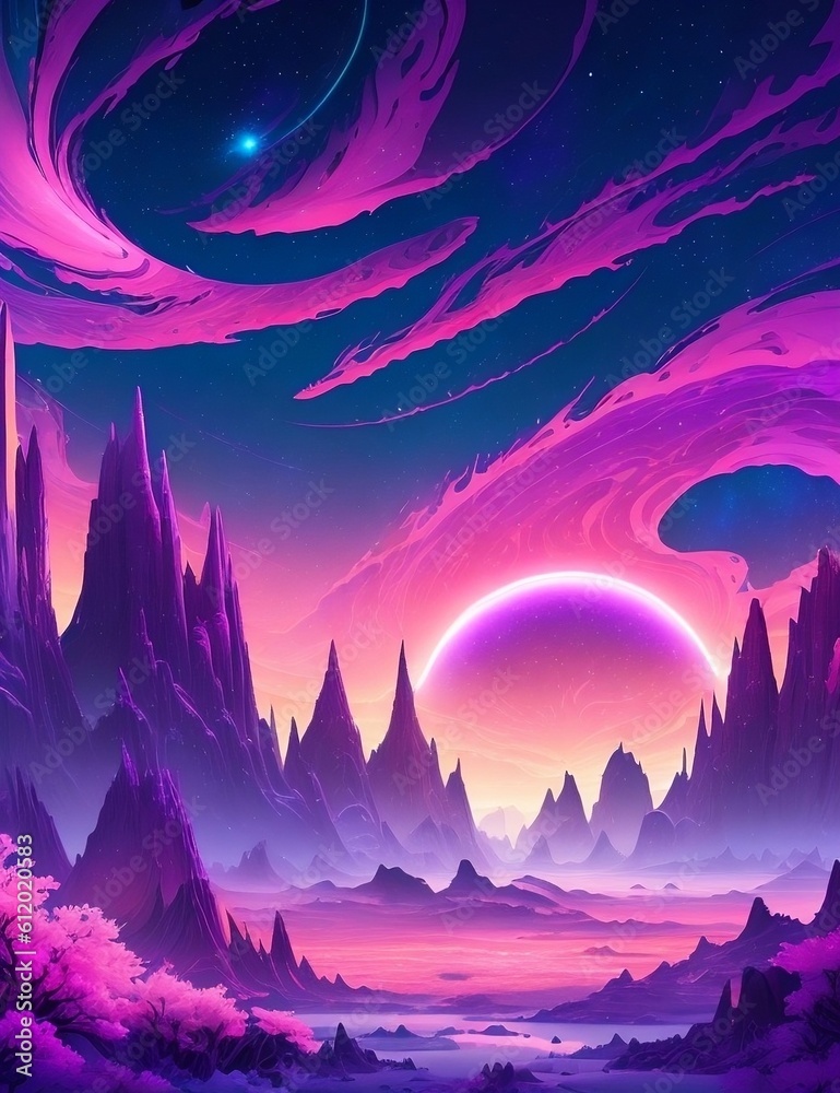 Planet aliens with mountains and moon in pink and purple with clouds
