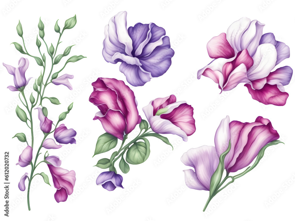 set of watercolor sweet pea flower elements on transparent background,generative ai set of watercolor sweet pea flower elements on transparent background,generative ai