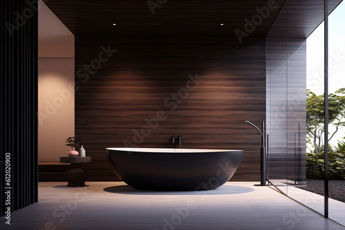 Luxury bathroom interior. Modern big black bathtub. Generative AI © lermont51