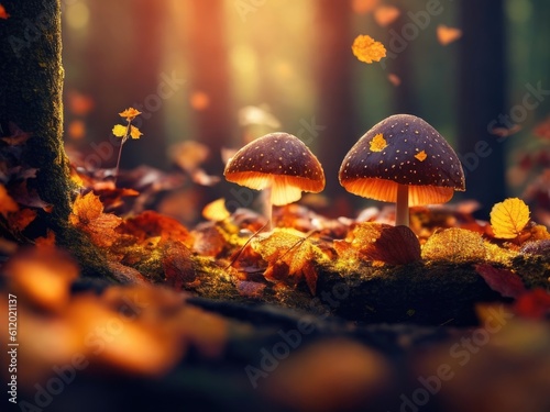 autumn forest with foliage and mushrooms the world fairy tale. ai generative