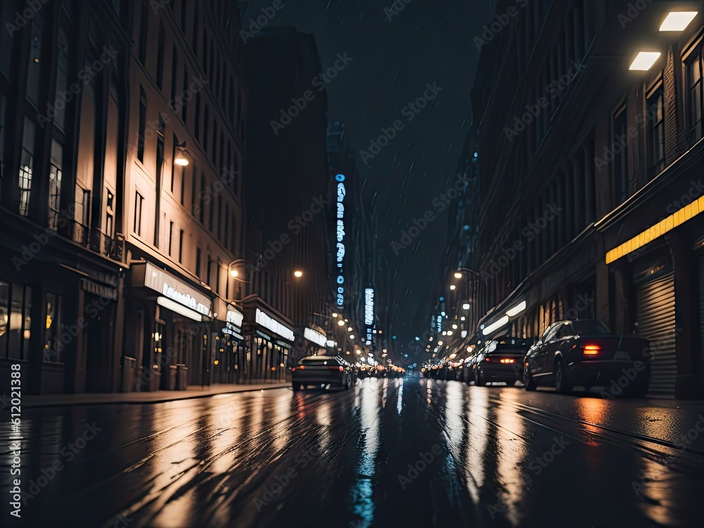 a city street at night with cars parked. ai generative