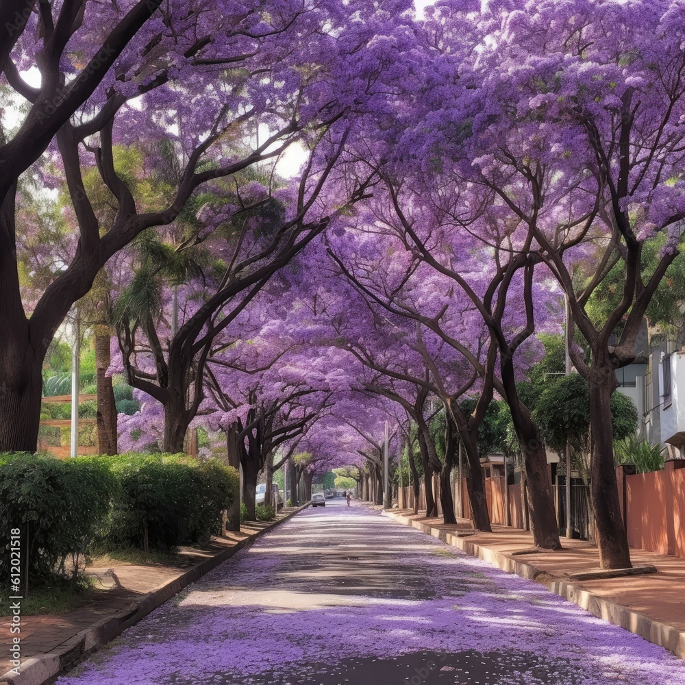 Street Lined with Vivid Purple Jacarandas -ai generated