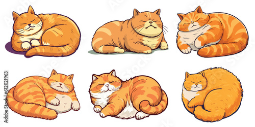 The fat orange cat is sleeping and resting happily.