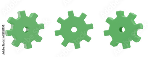 Set of 3d green gears on transparent background, PNG set of green gears, 3d render, green gear