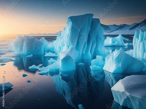 Ice floes and icebergs in the cold Arctic water. ai generative