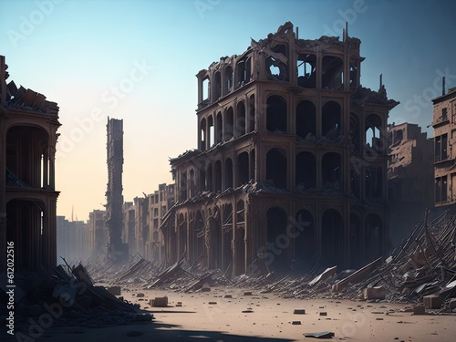 view of destroyed by war city ruins of building. ai generative