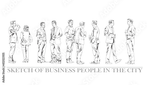 Business people walking in the city, sketch. Side view. People in suits Silhouettes for your project