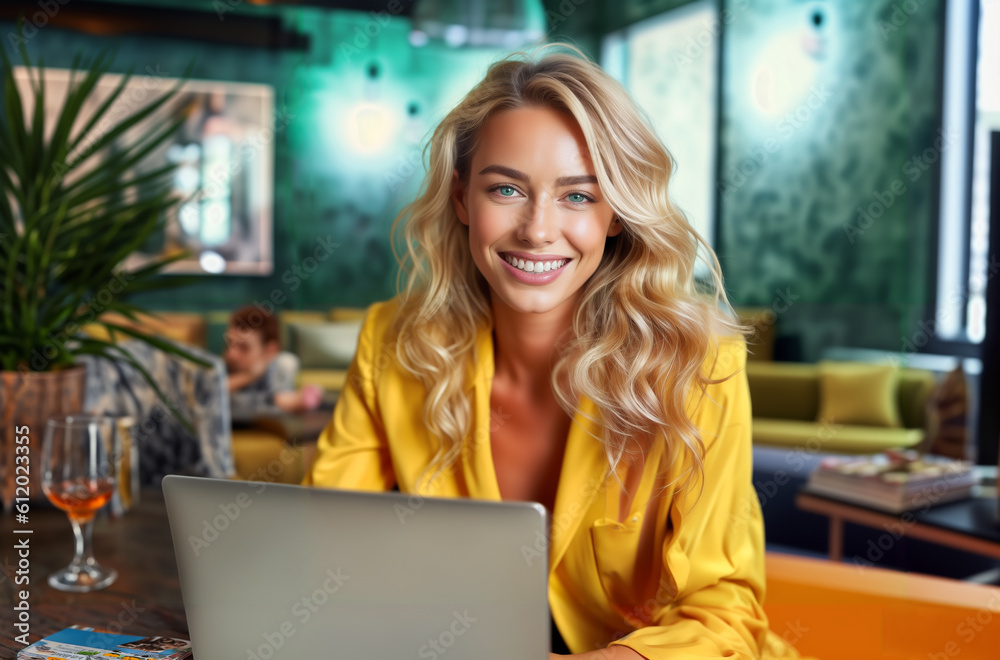Seductive young woman smiling confidently in lounge bar: A positive leader in business, generative ai Seductive young woman smiling confidently in lounge bar: A positive leader in business, generative ai