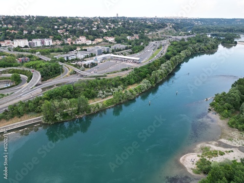 Aerial photography of both sides of the Saône River in Lyon, France