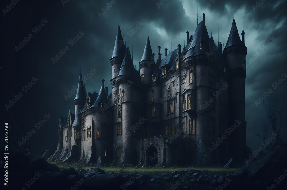 very old ancient king's palace, dark horror palace, ghost palace, dark sky, terrible night, biggest palace. AI GENERATE 