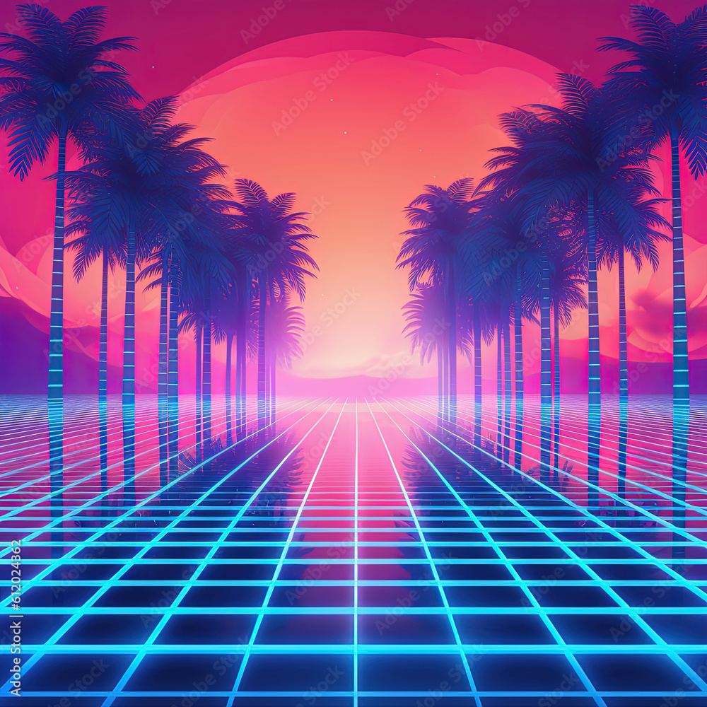 Fototapeta premium Abstract geometric pool party background with colorful neon lines. Generative AI