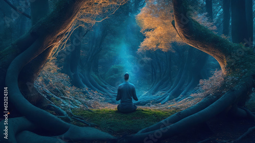 Meditation in the magical forest . AI-Generated photo