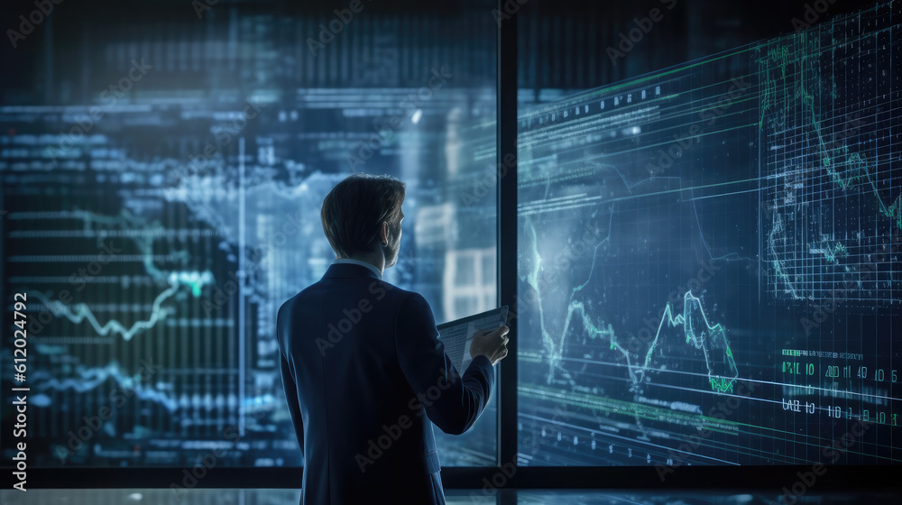 Businessman analyzing data graph, stock market, and calculating financial data for investment growth target, worldwide business strategy