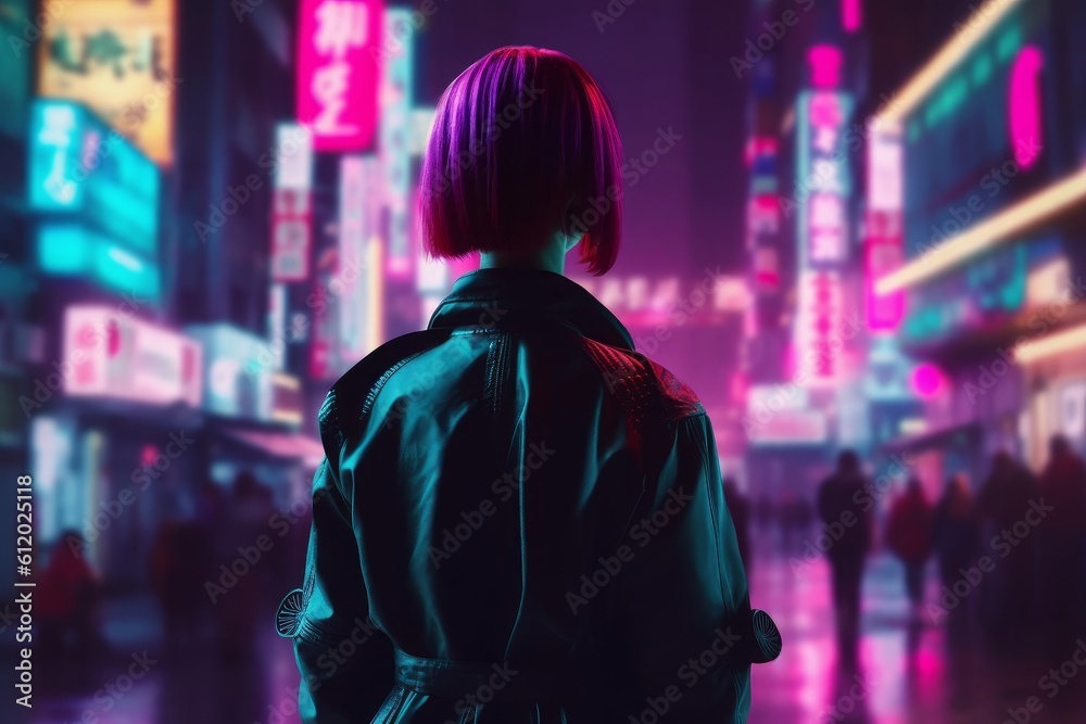 Concept art illustration of cyberpunk woman in a neon lights city street, Generative AI