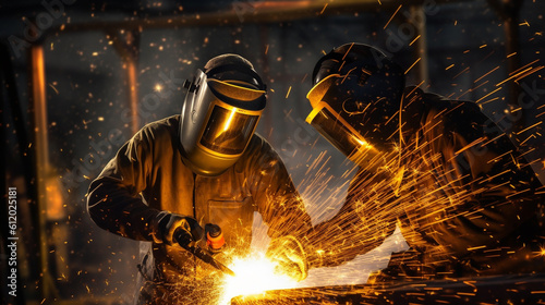 Workers welding a metal with full protection uniform and mask. Heavy industry
Generative AI