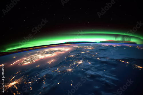Northern lights on planet Earth. Starry sky with polar lights  Aurora borealis. AI