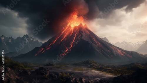 Generative AI illustration of Mount Doom volcano in Mordor, Generative AI