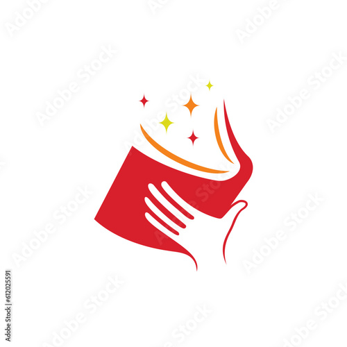 reading book logo design. Vector illustration open book shape and hand silhouette. Modern logo design vector icon template