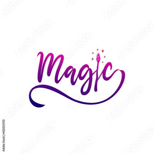 magical performance lettering logo design. Vector illustration magic typography and magic stick silhouette. Modern logo design vector icon template