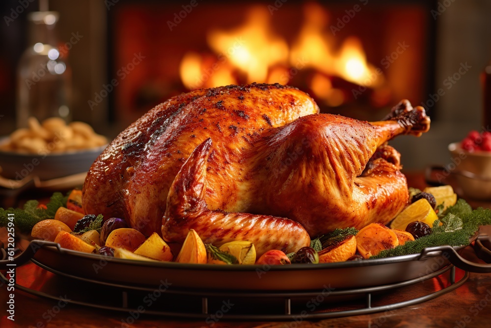 Roast turkey in the foreground on a festive table. Generative AI - obrazy, fototapety, plakaty 