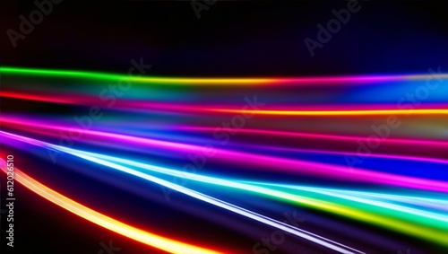 Colorful light trails with motion effect. Illustration of high speed light effect on black background, generative ai