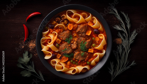 Top view of a stewed beef Hungarian goulash soup, Generative AI