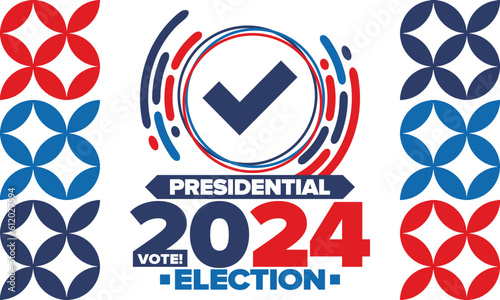 Presidential Election 2024 in United States. Vote day, November 5. US Election campaign. Make your choice! Patriotic american vector illustration. Poster, card, banner and background