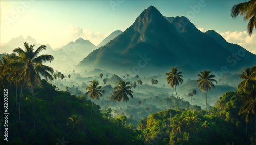 Mysterious jungle, palm trees and mountains at the top of hill with a mountain range around it, generative ai photo