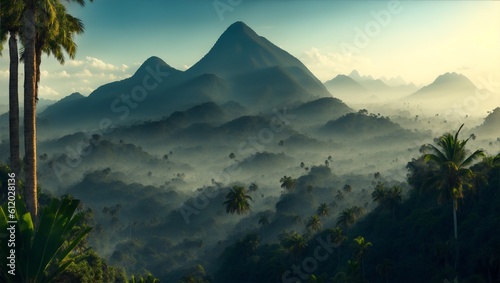Mysterious jungle  palm trees and mountains at the top of hill with a mountain range around it  generative ai