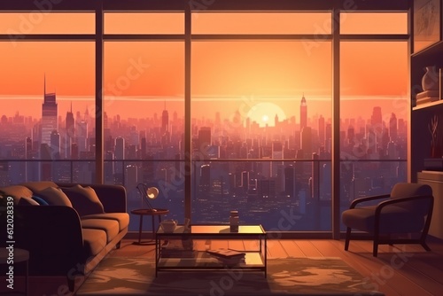 Living room with a panoramic view of a bustling city skyline  sunset ambiance. Generative AI