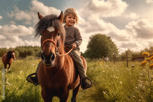 Illustration portrait of a little girl riding a pony in front of a rural summer evening landscape outdoors, created with generative ai