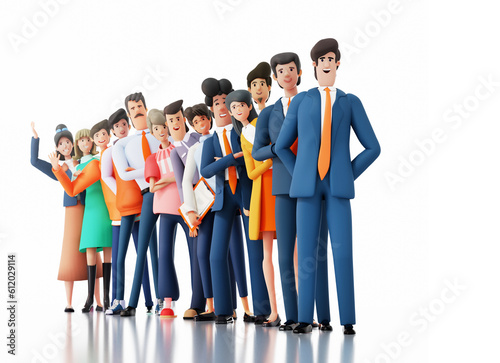 Business team, group of professional people stay in line and smile to camera. Advisory, support and working together concept. 3D rendering illustration