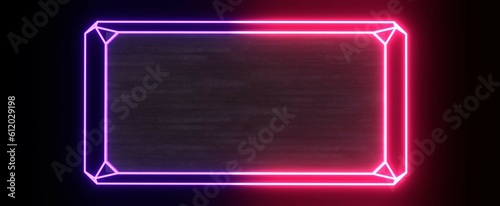Glowing neon rectangle frame. Techno purple 3d render flare of cyberpunk and rave parties. Digital futuristic billboard with mesh highlights.