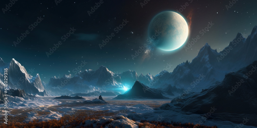 Stunning Night extraterrestrial scene. Huge mountains against Starry sky. Fantasy landscape. Alien planet. Photorealistic Generative AI illustration.	