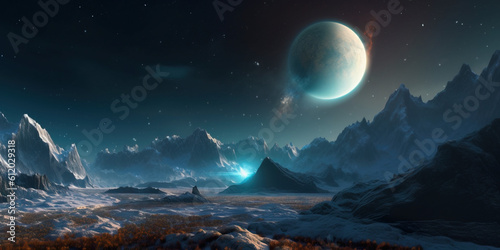 Stunning Night extraterrestrial scene. Huge mountains against Starry sky. Fantasy landscape. Alien planet. Photorealistic Generative AI illustration. 