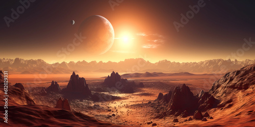 Stunning Sunset extraterrestrial scene. Huge mountains against Starry sky. Fantasy landscape. Alien planet. Photorealistic Generative AI illustration.