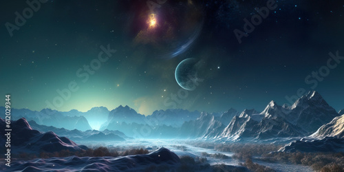 Stunning Night extraterrestrial scene. Huge mountains against Starry sky. Fantasy landscape. Alien planet. Photorealistic Generative AI illustration. 