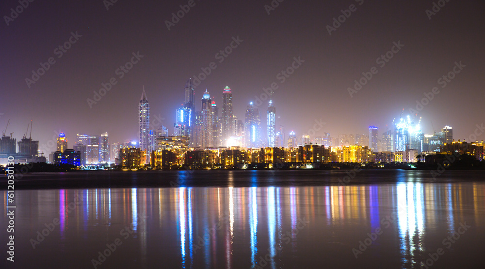 Dubai, UAE. Beautiful night view at Dubai Marina from the Palm Jumeirah at night.