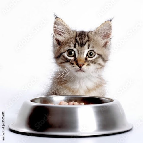 Grey cat peeps out of the corner  animal emotions  looks at bowl of food  Generative AI