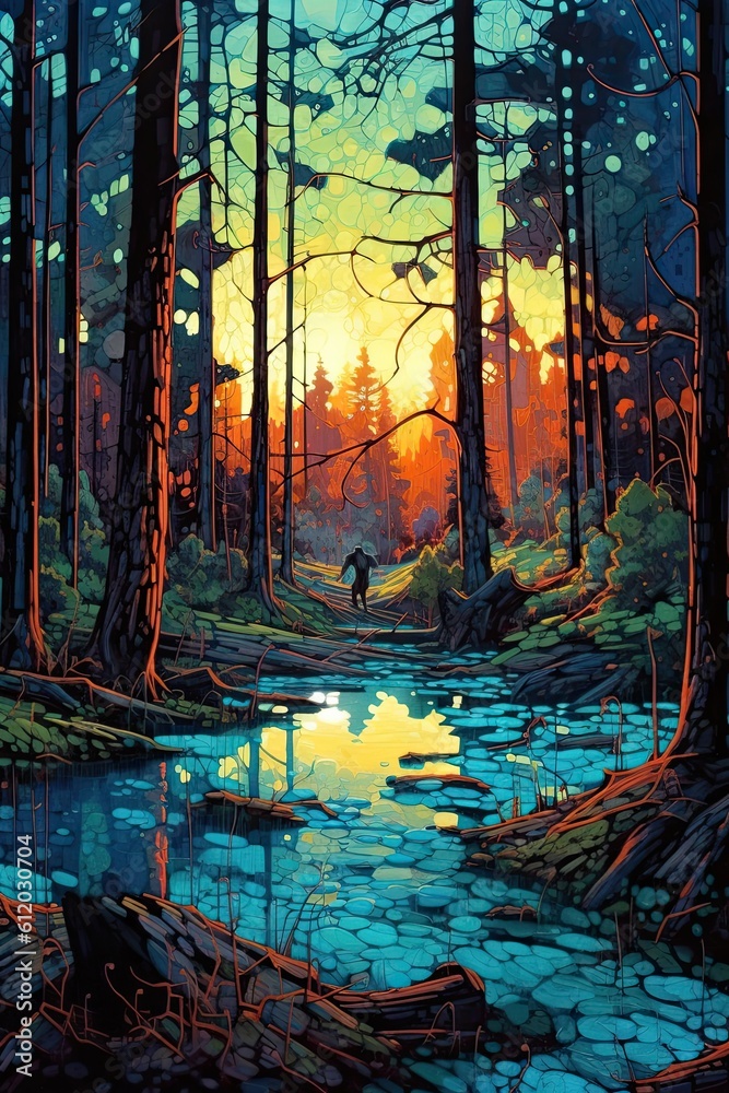 Sunset in the forest. AI generated art illustration.