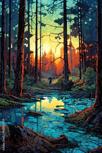 Sunset in the forest. AI generated art illustration.