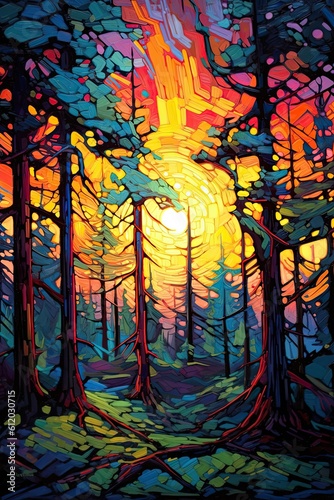 Sunset in the forest. AI generated art illustration.