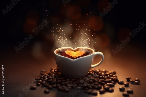Steaming cup of coffee with coffee beans forming a heart shape on a dark background. Generative AI