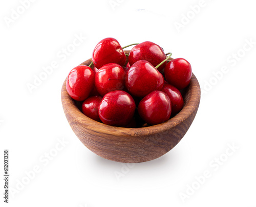 Cherryberries isolated on white. Set of cherry fruits. Cherryberries in bowl. Sweet cherries isolated on white background cutout. photo