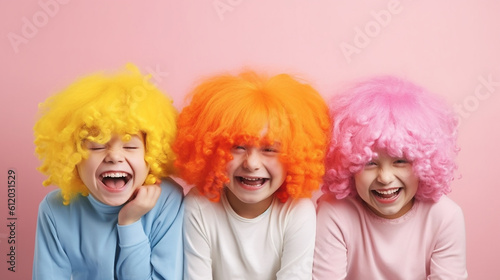 Bright funny kids clowns on the pink background. Generative AI