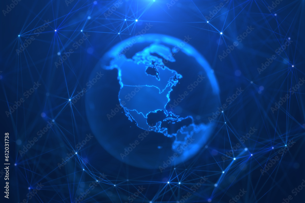 Blue holographic globe with nodes connected around earth. Concept of global network connection, communication technology, fintech, data exchange, worldwide exchange of information and online banking. Blue holographic globe with nodes connected around earth. Concept of global network connection, communication technology, fintech, data exchange, worldwide exchange of information and online banking.