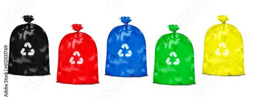 Color trash liner set. Recycling garbage bag. Waste separate package. Realistic vector illustration