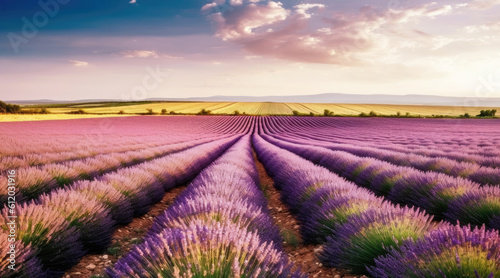 Lavender flowers bloom in fragrant fields in endless rows