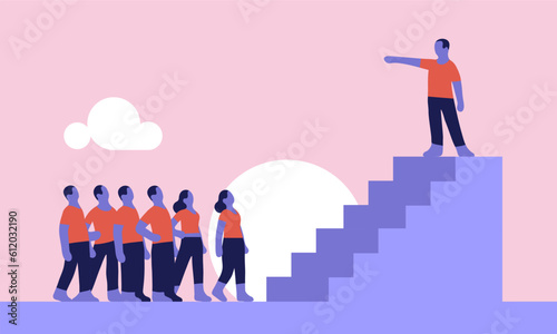 A man standing atop a stairs, addressing an attentive audience below, engrossed in his words.